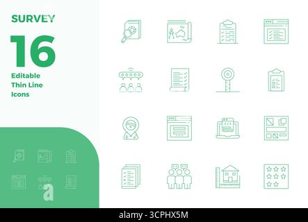 Zukunftsweisendes Paket mit 16 Vektorsymbolen rund um Survey, das Thin Line Design mit 128x128 PIXELN für innovative Benutzeroberflächen präsentiert Stock Vektor