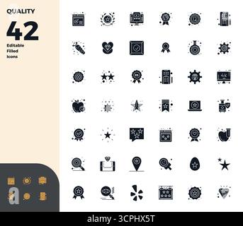 Revolutionärer Satz von 42 PIXEL Perfect Vektor-Symbolen, inspiriert von Qualität, im Glyph-gefüllten Format mit 128x128 Auflösung für modernes Design. Stock Vektor