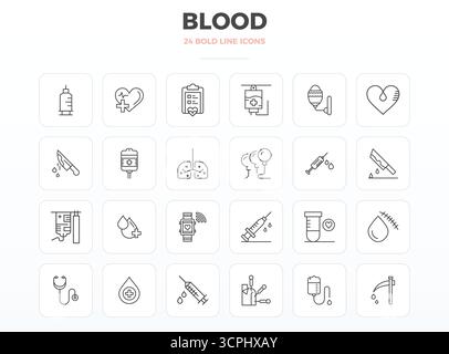 Meisterhaft gestaltete 24 Vektorsymbole, die Blut im starken Outline-Design repräsentieren, mit einer perfekten Auflösung von 128x128 PIXELN für außergewöhnliche visuelle Qualität Stock Vektor