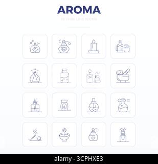 Entdecken Sie 16 Thin Outline PIXEL Perfect Vektorsymbole, die von Aroma inspiriert wurden und im Format 128x128 für eine fehlerfreie Anzeige auf allen Geräten optimiert wurden. Stock Vektor