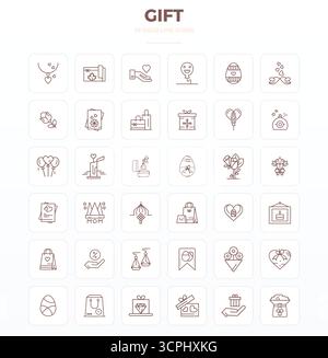 Professionell gestaltete 36-Vektorsymbole in starker Kontur, die das Wesen des Geschenks mit 128x128 PIXELN perfekt präzise für UI-Design festhalten. Stock Vektor