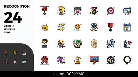 Hochwertige Sammlung von 24 Duotone-Vektorsymbolen zur Erkennung, akribisch gefertigt in einer perfekten Auflösung von 128x128 PIXELN für überragende visuelle Wirkung. Stock Vektor