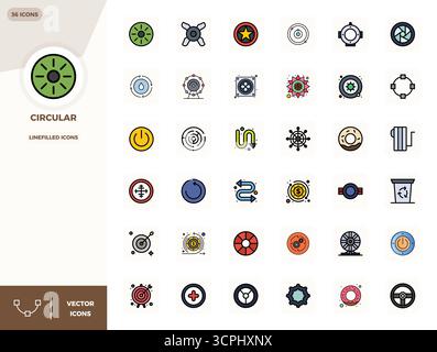 Professionell gestaltete 36 LineFilled PIXEL Perfect Vector Icons für Circular, entwickelt mit einer Auflösung von 128x128 für fehlerfreie Integration und Leistung. Stock Vektor