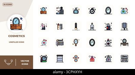 Essential Pack mit 24 PIXEL Perfect Vektorsymbolen für Kosmetik im LineFilled-Format, Größe 128x128 für optimale Leistung und Skalierbarkeit. Stock Vektor