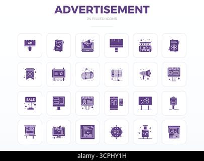 Optimierter Satz von 24 Vektorsymbolen für Werbung in SolidFill Ästhetik, mit einer perfekten Auflösung von 128x128 PIXELN für nahtlose Benutzererfahrungen. Stock Vektor