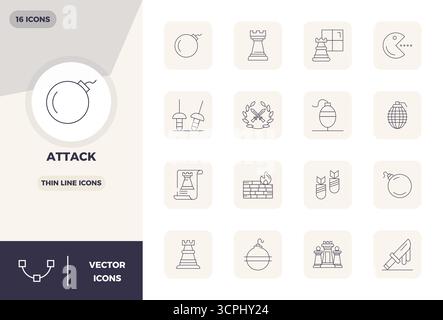 Verwandeln Sie Ihre Designs mit 16 Thin Line Vektorsymbolen rund um Attack, die in einer perfekten Auflösung von 128x128 PIXELN für maximale Klarheit entwickelt wurden. Stock Vektor