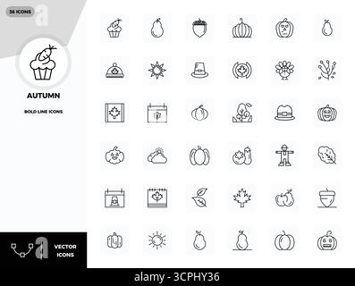 Vektorpaket mit 36 PIXELN in fettgedruckter Linie, inspiriert vom Herbst, in einer Auflösung von 128x128, ideal für skalierbare und kreative Designarbeiten. Stock Vektor