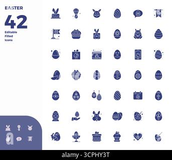 Innovatives Paket mit 42 Vektorsymbolen rund um Ostern mit Glyph-gefülltem Design im perfekten Format mit 128x128 PIXELN für moderne digitale Lösungen. Stock Vektor