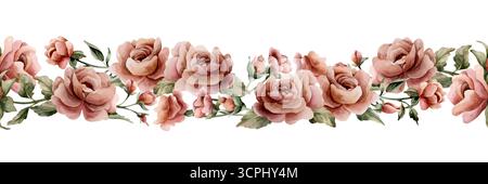 Rose mit Knospen und hinterlässt einen nahtlosen Rand. Verstaubte rosa Gartenblume im viktorianischen Stil. Aquarell handgemalt florale isolierte Illustration für Hochzeitsdesign Stockfoto