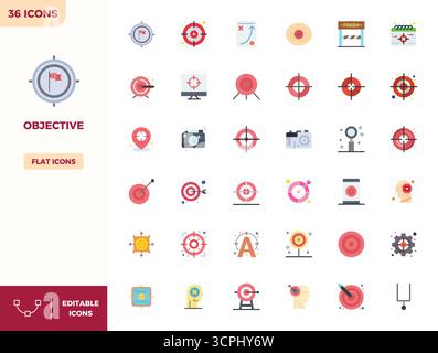 Kuratiertes Paket mit 36 Vektorsymbolen (128 x 128) im Flat Color-Design, zentriert auf objektiven Konzepten mit perfekter PIXELKLARHEIT. Stock Vektor