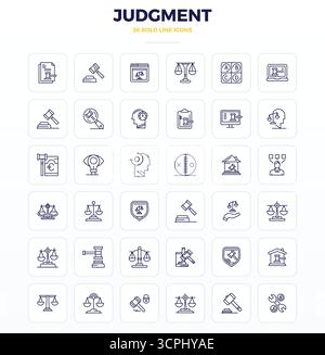 Diese Kollektion bietet 36 starke Outline PIXEL Perfect Vektorsymbole, die speziell auf das Thema Urteil abgestimmt sind und im Format 128x128 für digitales Design optimiert sind. Stock Vektor