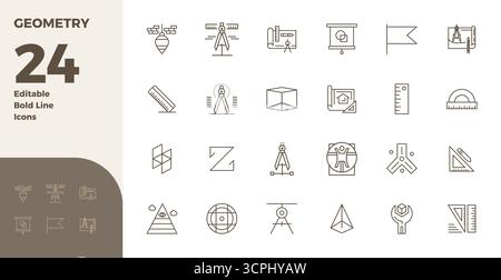 Wunderschön gerenderte 24 PIXEL PIXEL Perfect Vector Icons for Geometry, erstellt mit einer Auflösung von 128x128 für beeindruckende visuelle Konsistenz über Plattformebene hinweg Stock Vektor