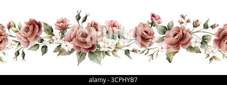 Rosen mit weißer Blüte und nahtlosem Rand. Verstaubte rosa Gartenblume im viktorianischen Stil. Aquarell handgemalt florale isolierte Illustration für Weddi Stockfoto