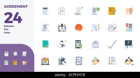 Hochwertige Sammlung von 24 flachen Vektorsymbolen für Agreement, akribisch in einer perfekten Auflösung von 128x128 PIXELN für überragende visuelle Wirkung gefertigt. Stock Vektor