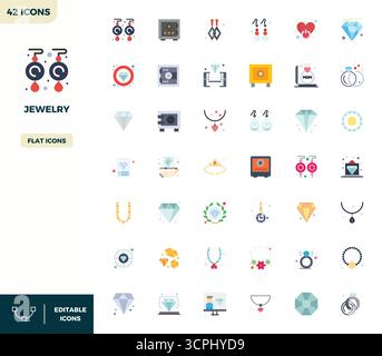 Handgefertigte Kollektion mit 42 flachen Vektorsymbolen für Schmuck, optimiert in einer Auflösung von 128x128 PIXELN für erstklassige digitale Erlebnisse Stock Vektor