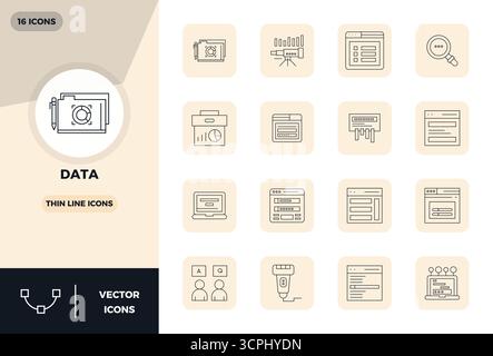 Eine übersichtliche Sammlung von 16 Thin Line Vektorsymbolen, die die Datenerfassung darstellen, im perfekten Format mit 128x128 PIXELN für moderne Dashboards und Inter Stock Vektor