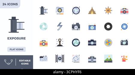 Zukunftsweisendes Paket mit 24 Vektorsymbolen rund um die Belichtung, mit flachem Farbdesign mit 128x128 PIXELN und perfekter Klarheit für innovative Benutzer Stock Vektor