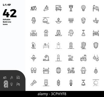Fortschrittliche Sammlung von 42 PIXEL Perfect Vektor-Symbolen, inspiriert von Lamp, in Bold Line mit 128x128-Optimierung für überragende visuelle Leistung. Stock Vektor