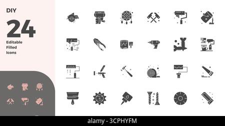 Set aus 24 PIXELN mit Glyph gefüllt perfekte Vektorsymbolen, die sich um DIY drehen, in 128x128-Auflösung für nahtlose Integration in Apps und Websites. Stock Vektor