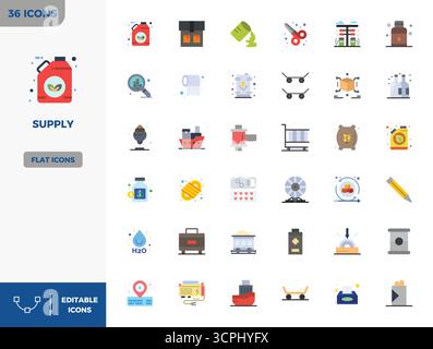 Ein vielseitiger Satz von 36 Flat Color PIXEL Perfect Vektorsymbolen mit Fokus auf Versorgung, geliefert im gestochen scharfen Format 128x128, ideal für mobile und Web-Anwendungen Stock Vektor