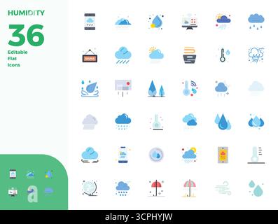 Zeitgenössische Sammlung von 36 Vektorsymbolen, die die Feuchtigkeit in flacher Ästhetik darstellen, mit einer perfekten Auflösung von 128x128 PIXELN für moderne Anwendungen Stock Vektor