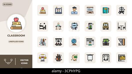 Professionell gestaltete 24 Vektorsymbole in LineFilled, die das Wesen des Klassenzimmers mit 128 x 128 PIXELN perfekt für UI-Design festhalten. Stock Vektor