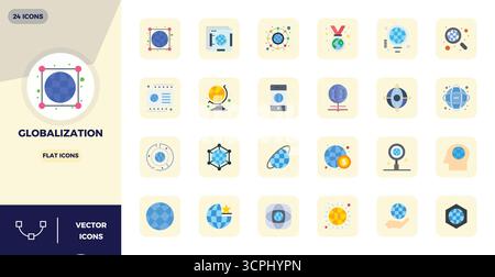 Dieser Satz von 24 flachen Vektorsymbolen erfasst Globalisierungsthemen in perfekter Qualität mit 128x128 PIXELN, perfekt für Technologie- und Geschäftsanwendungen. Stock Vektor