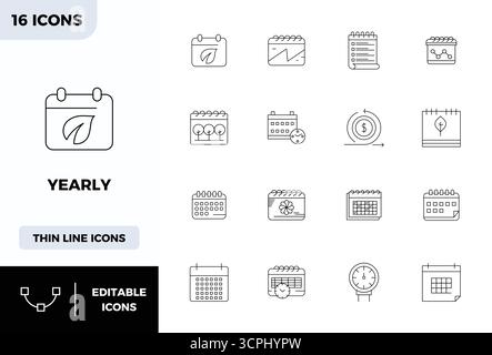 Zukunftsweisendes Paket mit 16 Vektorsymbolen, die jährlich thematisiert werden und das Minimal Line-Design mit 128x128 PIXELN und perfekter Klarheit für innovative Benutzer bieten Stock Vektor