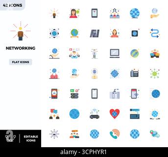 Entdecken Sie eine Reihe von 42 flachen Vektorsymbolen, die speziell für das Netzwerkdesign entwickelt wurden. Sie bieten perfekte Designs mit 128x128 PIXELN, die sich ideal für moderne UI/UX-Projekte eignen Stock Vektor