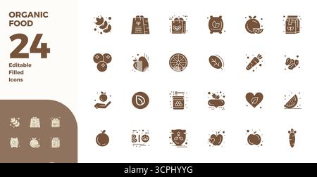 Eine übersichtliche Sammlung von 24 Glyph-gefüllten Vektorsymbolen, die Bio-Lebensmittel repräsentieren, im perfekten Format 128x128 PIXEL für moderne Dashboards und Inter Stock Vektor