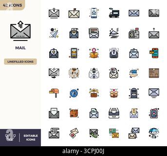 Außergewöhnliche Sammlung von 42 flachen, linearen Farbvektorsymbolen für Mail in perfekter Auflösung von 128x128 PIXELN für unvergleichliche visuelle Qualität Stock Vektor