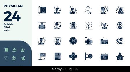 Unverkennbares Paket mit 24 PIXEL Perfect Vektor-Ikonen, inspiriert vom Arzt, im Glyph-gefüllten Format bei 128x128 für unvergessliche Markenerlebnisse. Stock Vektor