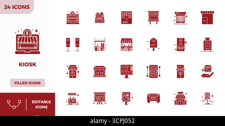 Zukunftsweisendes Paket mit 24 Vektorsymbolen rund um den Kiosk, mit vollgepacktem Design mit 128x128 PIXELN perfekter Klarheit für innovative Benutzeroberflächen. Stock Vektor