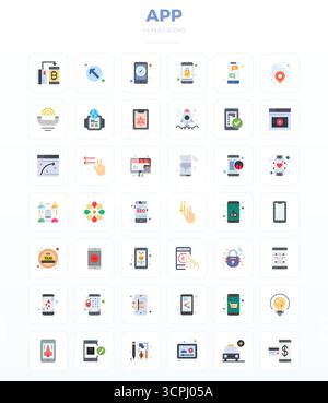 Umfassendes Paket mit 42 Vektorsymbolen im Minimal Flat Design für App, in gestochen scharfer Qualität mit 128 x 128 PIXELN. Stock Vektor