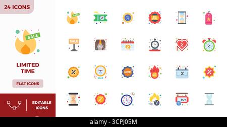 Exklusive Sammlung von 24 flachen Farbvektorsymbolen für begrenzte Zeit, entwickelt mit einer perfekten Auflösung von 128x128 PIXELN für erstklassige Markenerlebnisse. Stock Vektor