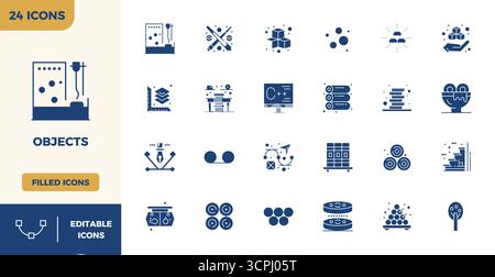 Zeitgenössische Sammlung von 24 Vektorsymbolen, die Objekte in gefüllter Ästhetik darstellen, mit 128x128 PIXEL perfekter Auflösung für moderne Anwendungen Stock Vektor