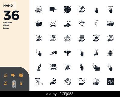 Entdecken Sie ein Set von 36 Glyph-gefüllten Vektorsymbolen, die speziell für das Handdesign entwickelt wurden, mit 128x128 PIXELN, ideal für moderne UI/UX-Projekte. Stock Vektor