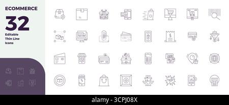 Sorgfältig kuratierte 32 Thin Line Vektor-Symbole für E-Commerce mit einer perfekten Auflösung von 128x128 PIXELN für konsistente Markendarstellung und Benutzerdarstellung Stock Vektor