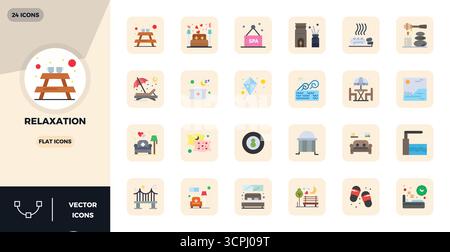 Ultimative Sammlung von 24 Vektorsymbolen, die Entspannung in flacher Ästhetik darstellen, optimiert mit einer perfekten Auflösung von 128x128 PIXELN für maximale Wirkung. Stock Vektor