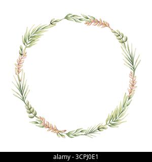 Palmblätter Zweige Helikonia kleine Zweige tropische exotische Pflanzen Kranz. Aquarell handgemalt Sommer Pastell neutral isoliert Illustration auf weiß Stockfoto