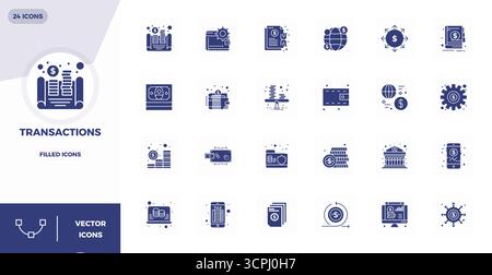 Sorgfältig zusammengestellte 24 gefüllte Vektorsymbole für Transaktionen mit einer perfekten Auflösung von 128x128 PIXELN für eine konsistente Markendarstellung und Benutzerdarstellung Stock Vektor