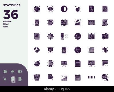 Umfassendes Toolkit mit 36 Vektorsymbolen, die sich um Statistik drehen, entwickelt in Glyphe, gefüllt mit 128x128 PIXEL, perfekter Präzision für vielseitiges Design Stock Vektor
