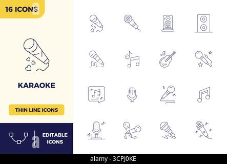 Meisterhaft erstellte 16 Vektorsymbole, die Karaoke im Minimal Line-Design darstellen, mit einer perfekten Auflösung von 128x128 PIXELN für außergewöhnliche visuelle Qualität Stock Vektor