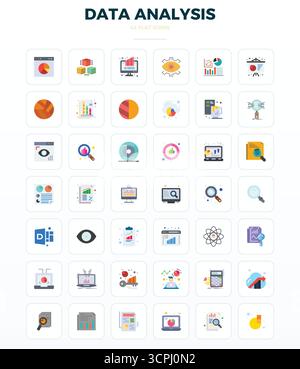 Professionell gestaltete 42 minimale flache PIXEL perfekte Vektorsymbole für die Datenanalyse, entwickelt mit einer Auflösung von 128x128 für fehlerfreie Integration und Leistung Stock Vektor