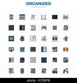 Innovatives Paket mit 36 Vektorsymbolen rund um das Thema organisiert und präsentiert LineFill Design im perfekten Format mit 128x128 PIXELN für moderne digitale Lösungen. Stock Vektor