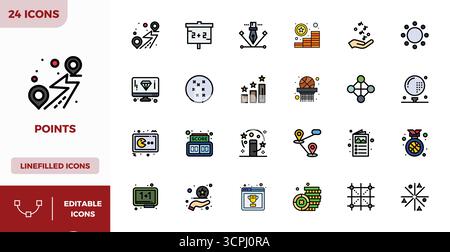 Branchenführende Packung mit 24 flachen linearen FARBPIXEL Perfect Vektorsymbolen für Punkte, Größe 128x128 für optimales Rendering und hervorragende Benutzeroberfläche Stock Vektor