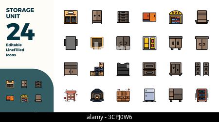 Kuratiertes Paket mit 24 Vektorsymbolen (128x128) im Duotone-Design, zentriert um Storage Unit-Konzepte mit perfekter PIXELKLARHEIT. Stock Vektor