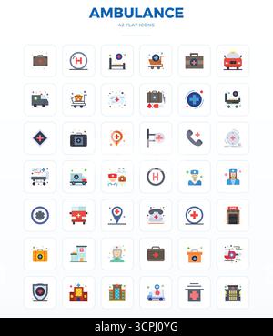 Kunstvoll gestaltete 42 minimale flache PIXEL perfekte Vektorsymbole für Krankenwagen, geliefert im Format 128x128 für konsistente visuelle Exzellenz. Stock Vektor
