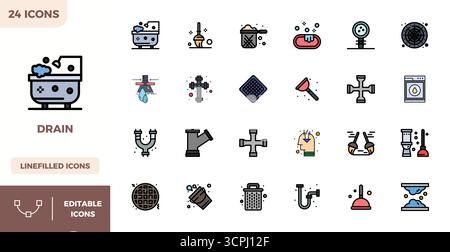 Sammlung von 24 flachen linearen FARBPIXEL Perfect Vektorsymbolen für Drain im Format 128x128 für Klarheit und Vielseitigkeit. Stock Vektor