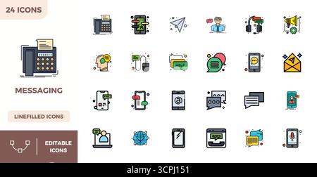 Hochleistungsfähige Sammlung von 24 flachen linearen Farbvektorsymbolen für Messaging, entwickelt mit einer perfekten Auflösung von 128x128 PIXELN für optimale Benutzerinte Stock Vektor